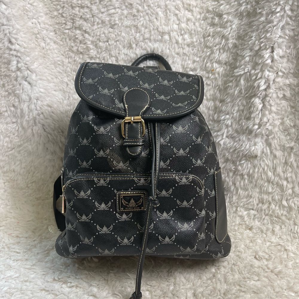 Wendy Keen Synthetic black and gray logo Backpack drawstring top closure.